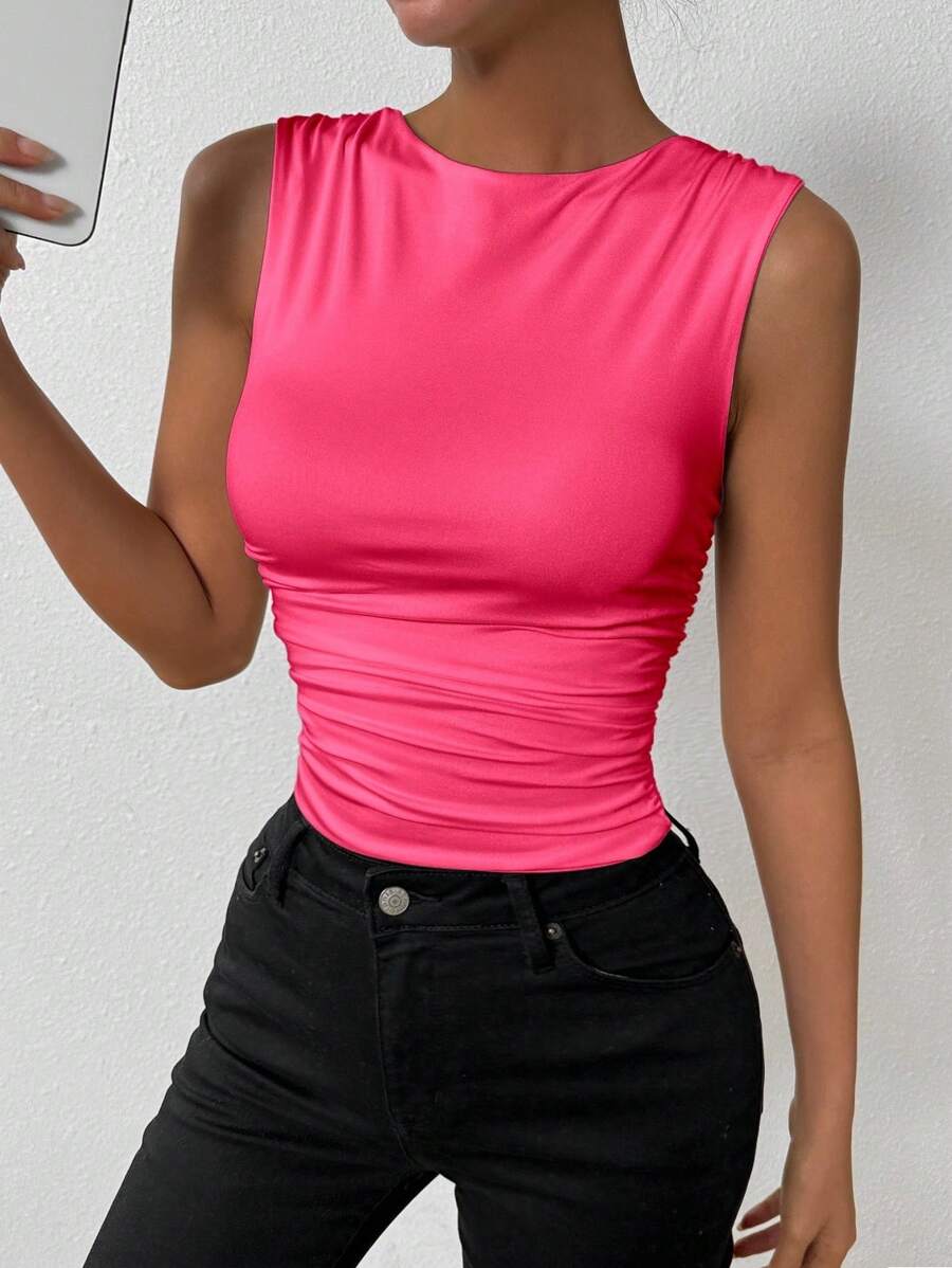 Chiquease Casual Solid Color Ruched Slim Fit Tank Top, Summer - Coral Pink - View 1
