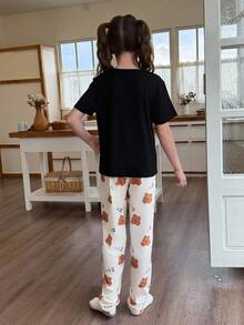 SHEIN 大女孩可爱熊印花休闲睡衣套装 - 黑色 - 查看 2