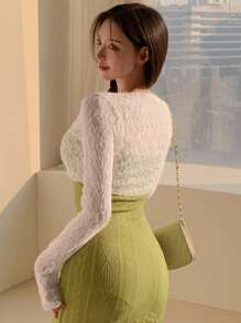 DAZY 女士休闲百搭长袖蕾丝透视春夏上衣外出上衣透明 - 白色 - 查看 6