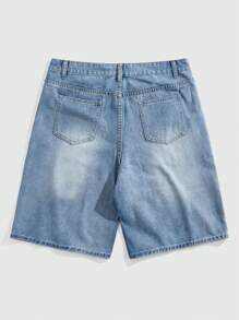 ROMWE MEN Casual Pantalones cortos de mezclilla azul claro para hombre con bolsillos y decoración de rhinestones para el verano - Lavado ligero - Ver 2
