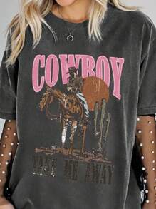 SHEIN CURVE+ Áo thun tay ngắn in họa tiết cao bồi phong cách miền Tây cỡ lớn, dáng rộng, vai trễ - Màu xám đen - Xem 3