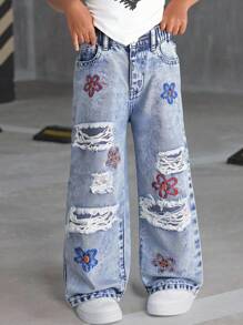 Fashionable & Cute Embroidered Distressed Washed Young Girls Denim Long Pants, Suitable For Daily Wear - Medium Wash - View 3