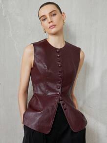 Aveloria Modichic Chaqueta de viaje sin mangas de unicolor con cuello redondo y cintura con botones de PU - Burdeos - Ver 2