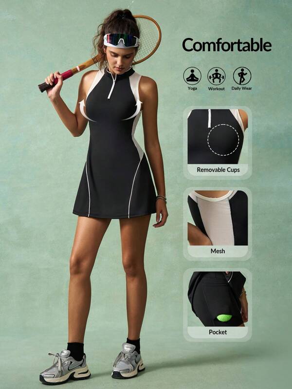 VARSITIE Chic Women's Sporty Mini Dress, Sleeveless Knitted Athletic Wear With Built-In Shorts, Convenient Pockets, And Removable Cups, Perfect For Gym, Tennis, Golf, And Everyday Versatile Fitness.