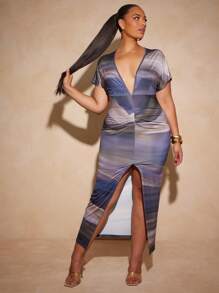 Vixey Vestido de escote en pico con cintura ceñida y abertura frontal, estampado de ónix y mármol en tejido jersey