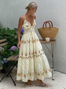 Livesso Đầm mùa hè buộc dây cổ kiểu Bohemian dành cho nữ, thích hợp cho kỳ nghỉ trên du thuyền. - Màu vàng - Xem 2