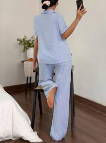 SHEIN Striped Lapel Short Sleeve & Long Pants Pajama Set Women Striped Pajamas Blue And White Striped Pajamas Summer Pajamas For Women Women Pajama Set Sleepwear Set Women  Cozy And Elegant Details - Blue - View 2