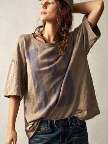 Bohemela Casual Solid Color Knit Round Neck Loose Washed Plus Size T-Shirt,Vintage - Dark Grey - View 6