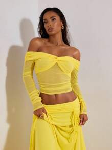 Opulessa 1 件夏季海滩生日派对女士纯色针织网眼修身露肩长袖短款上衣，秋季，秋季，Y2k 街头服饰，乡村音乐会，办公室，夜间外出，约会之夜，机场 - 黃色 - 查看 7