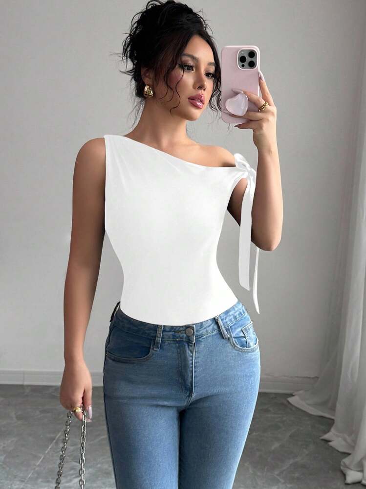 SHEIN Elenzya Women's Elegant Solid Color Asymmetrical Neck Tie Detail T-Shirt, Summer - White - View 3