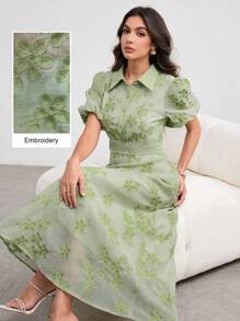 Modelyn 女式翻领腰带绿色刺绣连衣裙 - 綠色 - 查看 3