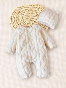 SHEIN Vintaside Kids Enterizo casual unisex para bebés con lindo diseño geométrico 3D, de tela suave y esponjosa, con gorro, adecuado para recién nacidos, uso diario, salidas, otoño/invierno