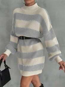 EURMUSE Women Drop Shoulder Sweater Dress With Striped Pattern,Petite - Light Grey - View 4