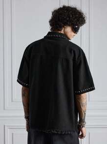 ROMWE MEN Street Life Men's Street Casual Frayed Button Short Sleeve Denim Shirt - Black - View 3
