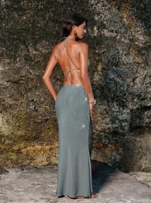 Opulessa Bộ đồ bơi bikini gợi cảm màu trơn lấp lánh có dây buộc cho nữ kèm khăn choàng Sarong - Màu xanh nhạt - Xem 2