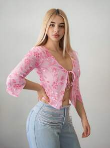 Sweetina Sheer Sequins Embroidered Tie-Front Blouse For Women - Pink - View 5