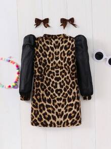 Emery Rose Kids Emery Rose Kids Rochie de fetiță, casual, minimalistă, confortabilă, cu guler înalt, mâneci raglan, cu imprimeu leopard - Negru - Vizualizare 4