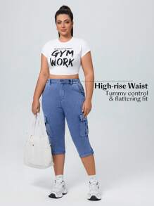 SHEIN Unity Plus Size High Waist Casual Capri Denim Jeans, Summer - Blue - View 4