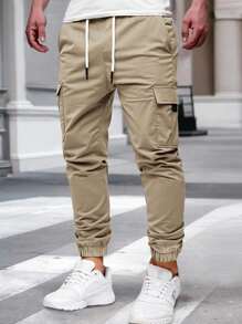 Manfinity Homme Men's Casual Relaxed Elastic Waist Drawstring Cargo Pants With Pocket - Khaki - View 1