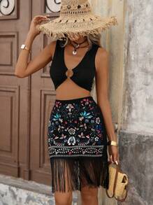Brillora High Waist Tassel Hem Vacation Skirt - Black - View 7
