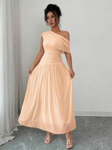 Elenzga 女士纯色优雅法式连衣裙，针织扭肩褶皱收腰修身长礼服，奢华晚礼服 - 粉色 - 查看 3