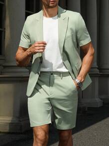 Manfinity Mode Plus Size Men Solid Color Casual Blazer & Shorts Set - Green - View 3