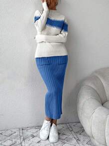 SHEIN Cottnline 2件套女士休闲宽松长袖毛衣上衣和裙子套装 - 藍色 - 查看 4