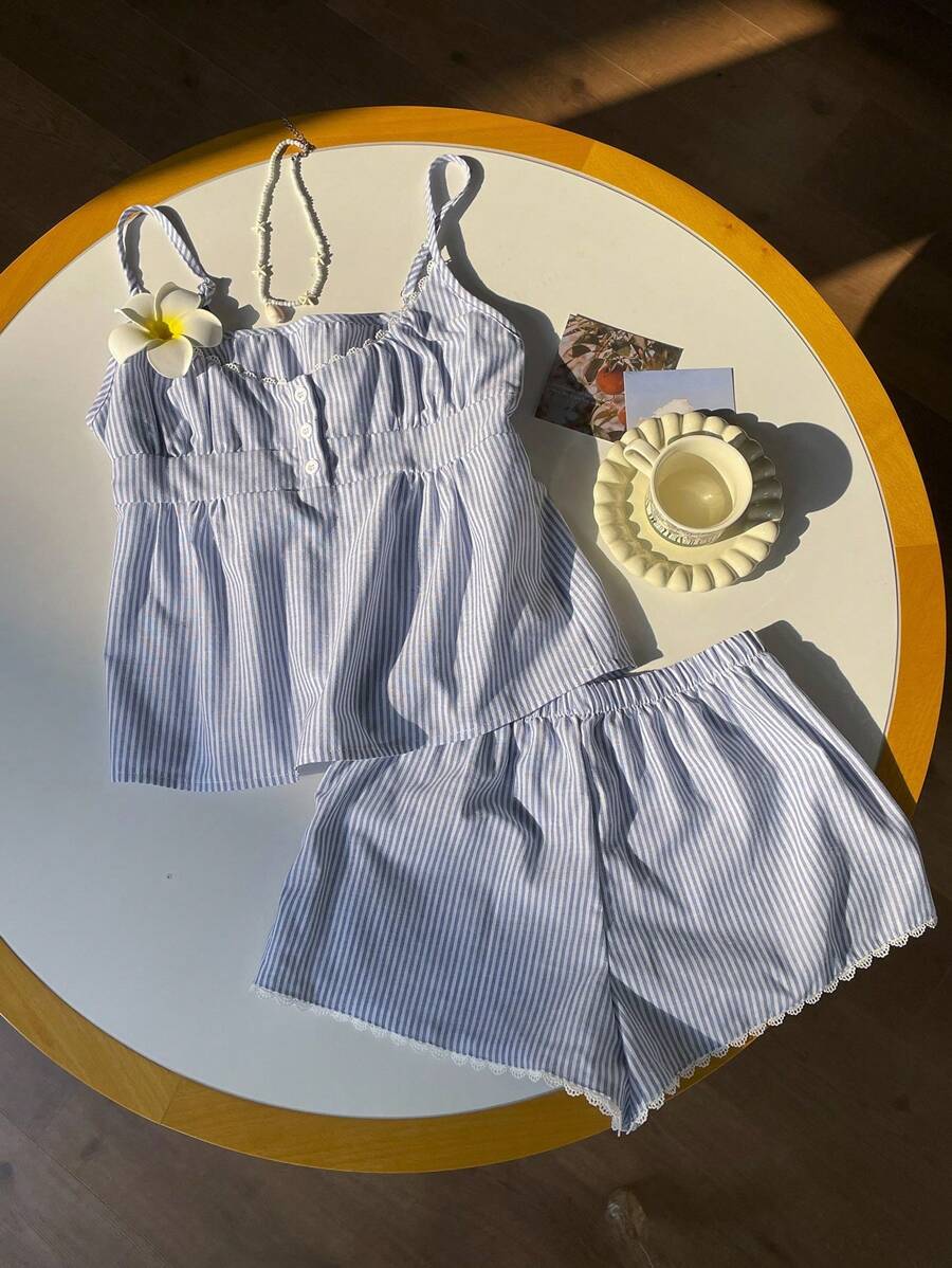 Comfortcana 2pcs/Set Plus Size Women's Striped Sleeveless Top And Shorts Set, Vacation Style, Spring/Summer,Refreshing,Striped,Babydoll Top And Shorts 2pcs,Kawaii,Cute,Y2k Clothes,Back To School - Blue - View 1