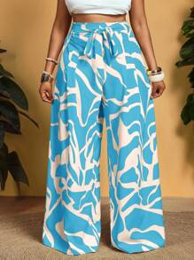 Slaydiva 大码女式全身印花系带腰宽松阔腿休闲裤