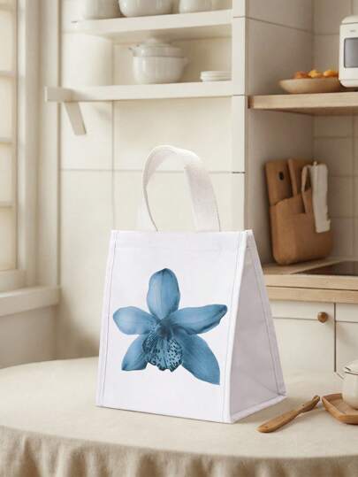 Fairycore Blue Bombax Ceiba Pattern Spring Summer Fashionable Insulated Thermal Lunch Bag, Functional Bags, Lunch Bag, Cooler Bags