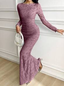 Veilorie Women's Round Neck Long Sleeve Jacquard Ruched Slim Elegant Dress - Purple - View 4