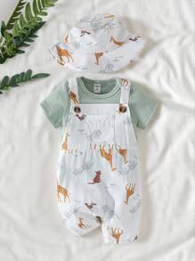 SHEIN Vintaside Kids 2pcs Baby Boy Animal Printed Casual Comfortable Overalls With Matching Hat Set, Suitable For Everyday Wear, Home, Vacation, Outing, Gathering, Spring/Summer - Multicolor - View 8