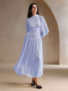 Anewsta 优雅纯色泡泡袖褶饰腰连衣裙 - 紫羅蘭色 - 查看 5