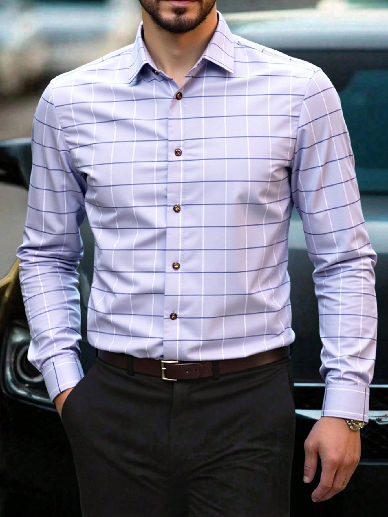 Manfinity Mode قميص رسمي كاجوال أزرق مربعات للرجال