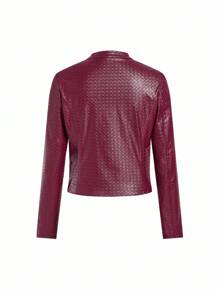 Ellevyn 女士纯色压花PU皮革长袖夹克，时尚 - 紅色 - 查看 4