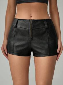 SHEIN Tall 女式纯色前拉链休闲短裤 - 黑色 - 查看 3