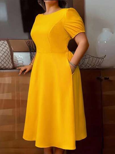 SHEIN Clasi Plus Size Women Round Neck Elegant Waist Gathering Umbrella Skirt Dress With Pockets Yellow Dress Fall Women Clothes Fall Clothes