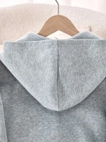 SHEIN Sparklyn 青少年女孩拉链连帽衫，新款秋冬长袖连帽运动衫，斑点灰色上衣，袖子上饰有平行黑色蝴蝶结，舒适修身休闲运动连帽衫，适合家庭/姐妹穿着 - 灰色 - 查看 7