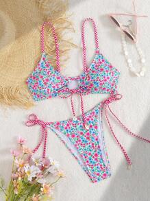 Swim Mod Conjunto de bikini de estilo de vacaciones lindo con estampado floral Ditsy, tanga con nudo para mujer para verano, playa y festivales de música, accesorios con diseño de caracol