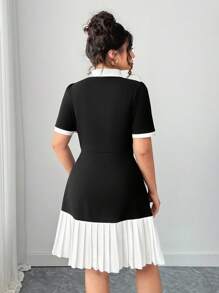 Elenzga Short Sleeve Dress With Ruffle Hem, Floral Decor, Comfortable Fabric, Casual & Workwear, Black & White, Plus Size, Suitable For Spring, Summer, Autumn