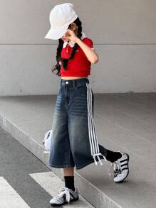 SHEIN Tween Girls' Loose Fit Contrast Color Drawstring Denim Pants With Bowknot