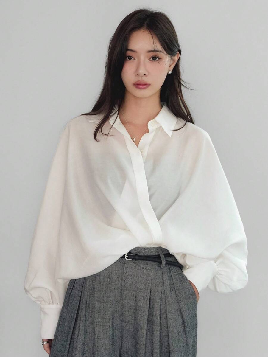 Dazy-Less 女士宽松商务休闲办公室衬衫，交叉设计腰部和直下摆，春秋秋季女装长袖上衣 - 米色 - 查看 1