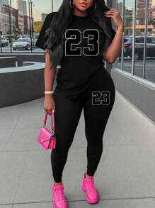 Maweii 2 件套大码女式休闲数字印花短袖 T 恤和裤子套装