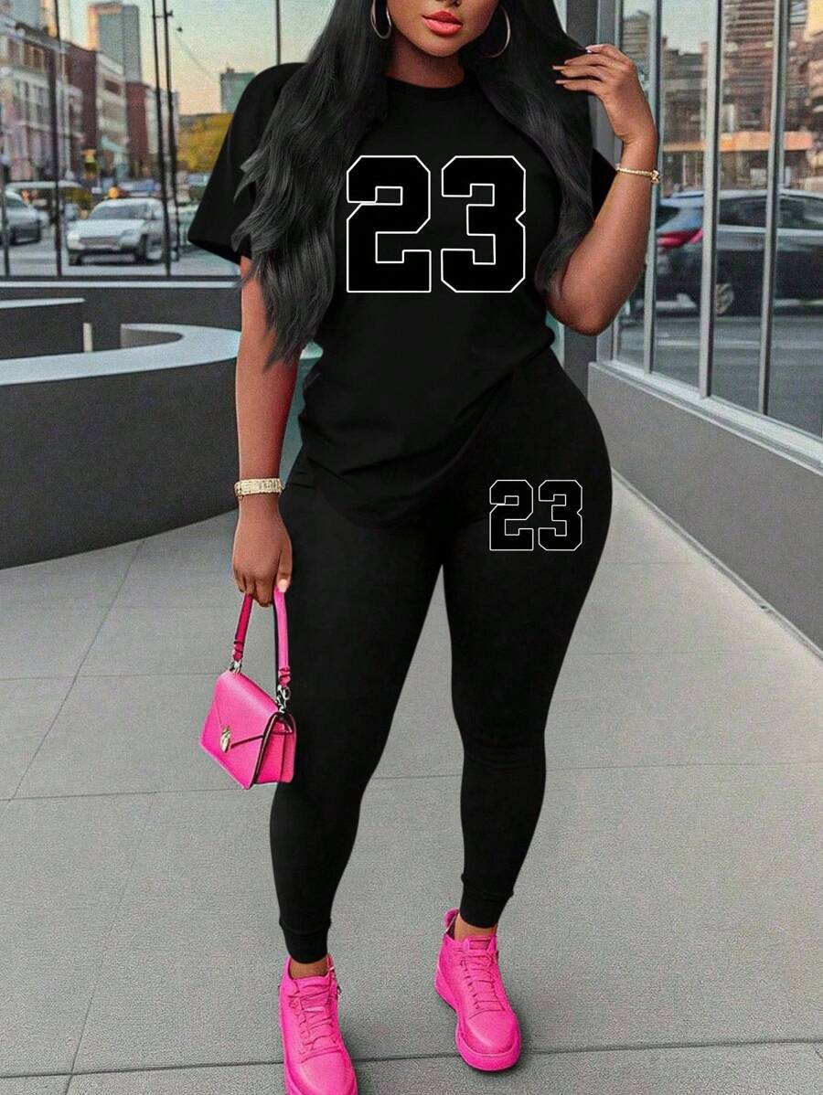 Maweii 2 件套大码女式休闲数字印花短袖 T 恤和裤子套装