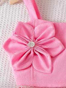 2 pièces Ensemble fille (petit) - Débardeur rose avec décoration florale 3D et ceinture de taille, ensemble short, été