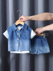 Genkimix Kids Baby Boy 3-Piece Set: White Round Neck Short Sleeve Top, Sleeveless Denim Vest Jacket, And Shorts, Simple Style With Denim Pattern, Fashionable Design, Suitable For Outdoor Play And Casual Home Wear, Creating A Stylish Little Kid
