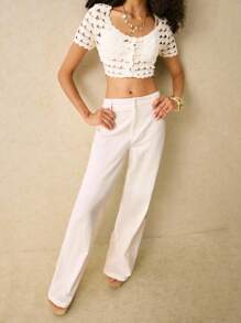 Poéselle 假日休闲简约纯色直筒裤，适合日常穿着、低腰裤、春假、女士度假装、海滩度假装 - 白色 - 查看 6