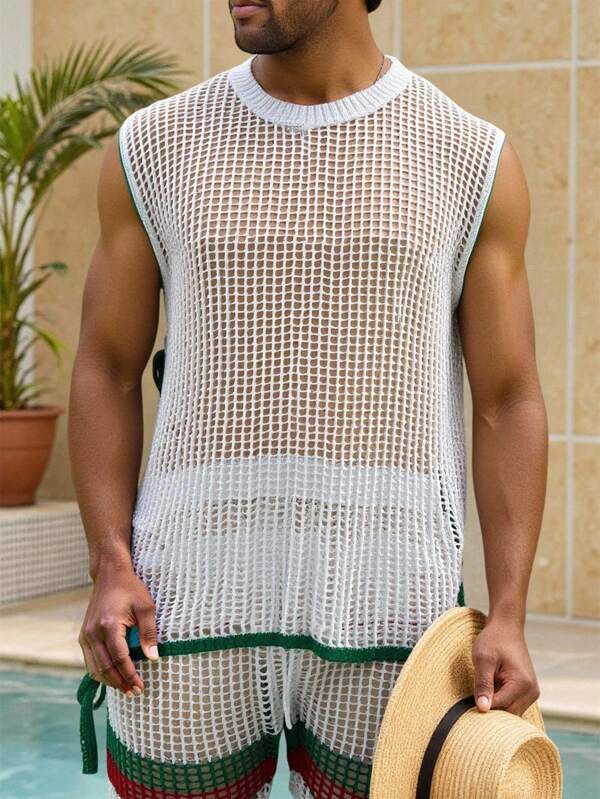 Manfinity RSRT Men's Lace-Up Side Sleeveless Knit Top And Striped Knit Shorts Set