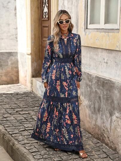Brillora Lace Splice Long Sleeve Cinched Waist Botanical Print Maxi Vacation Dress For Women, Vacation Outfits Women