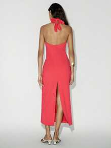 Lumivelle Women Halter Neck Strapless Dress With Pleated Details, Open Back And Slit